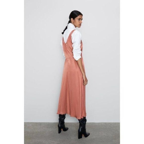 Zara Dusty Pink Satin Plunge V-Neck A-Line Dress Wide Straps Rounded Back - Picture 2 of 8